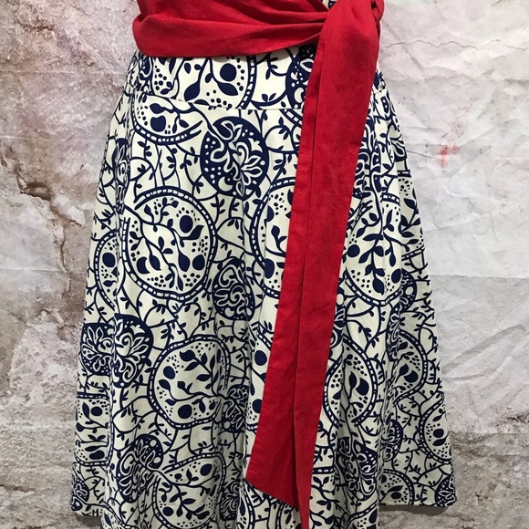 ANTHROPOLOGIE by Tabitha Strapless Paisley Floral Blue White Red Sash Linen~2 - Picture 4 of 6